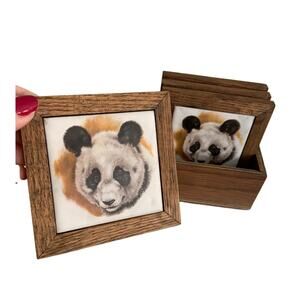 Vintage Panda Tile and Wood Coasters Unmarked